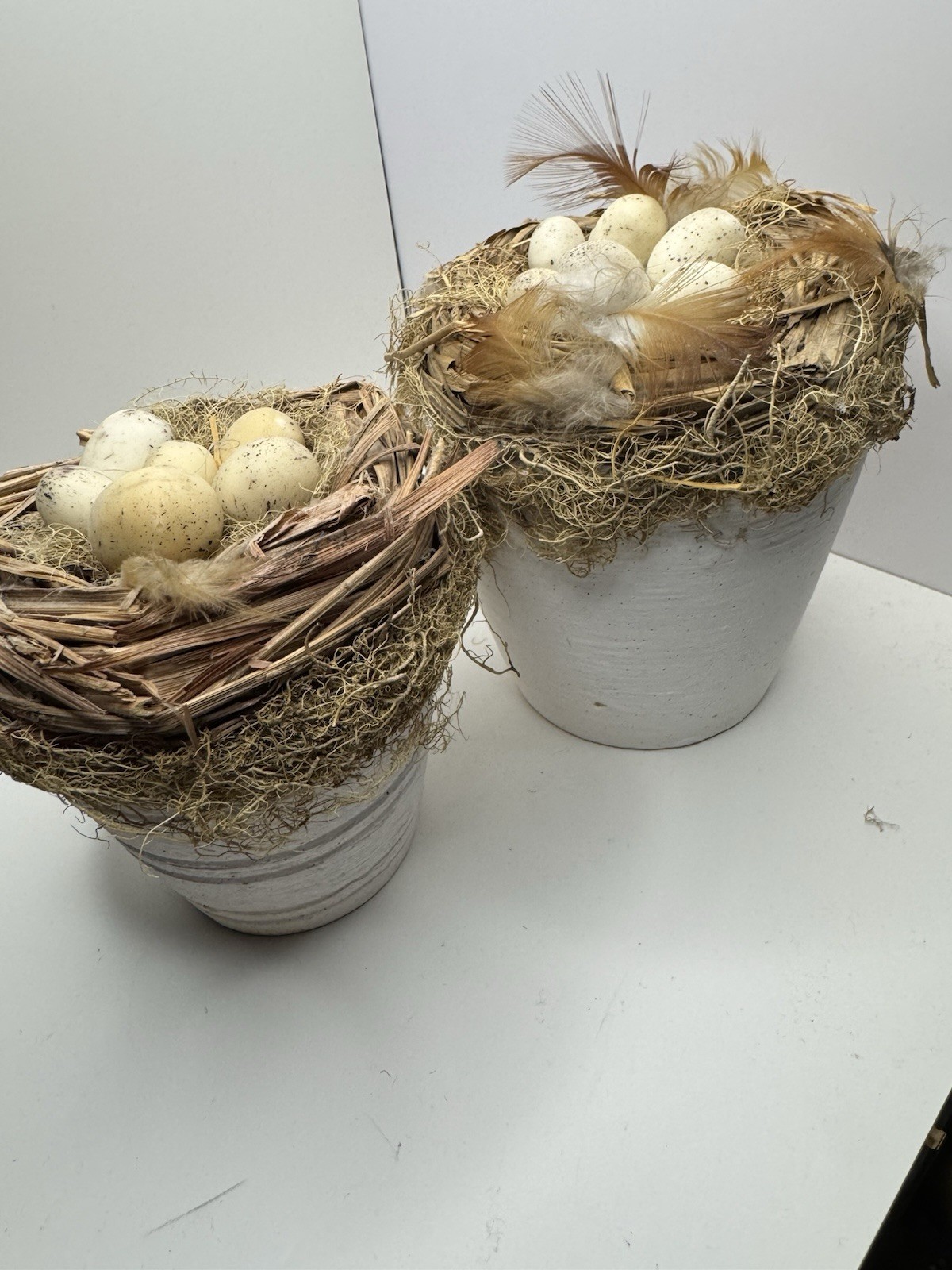 Artificial Bird Nest Planter with Faux Eggs, Feathers, White Base, Spring Decor