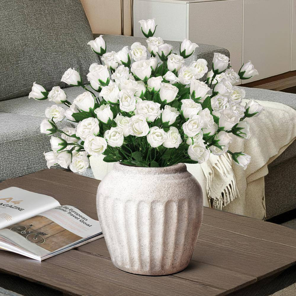 14 In. White Artificial Mini Rose Bud Flower Stem Bush Bouquet (Set of 12)
