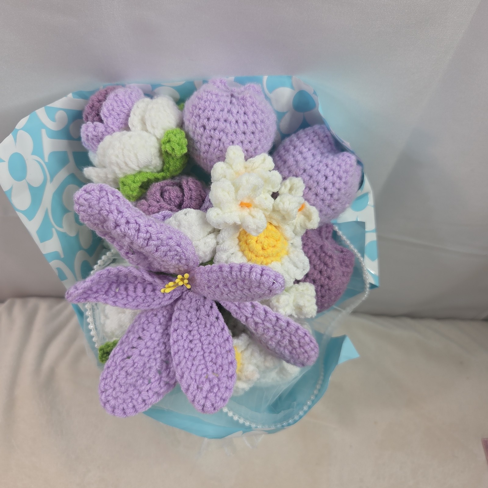 Crochet Flower Bouquet Purple Handmade Knitted Flowers Rose Tulips Bunch Bundle