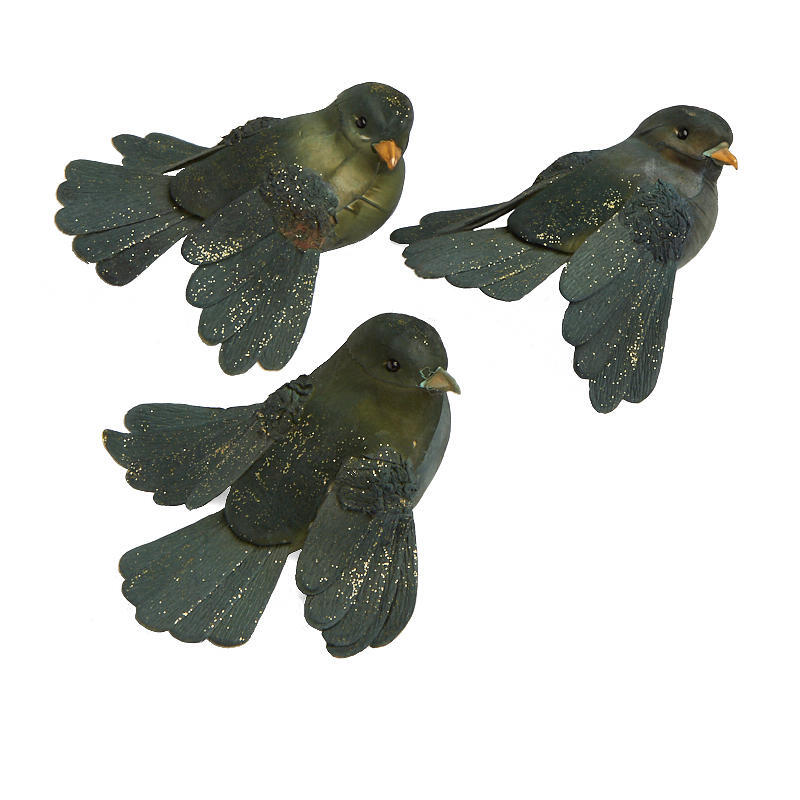 12 Green Woodland 4-3/4″ Mushroom Chickadee Birds with Gold Glitter