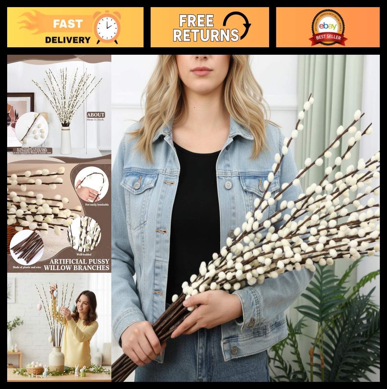 30 Stems 31.5″ Artificial Pussy Willow Branches – Faux Snow Flower Stems for Hom