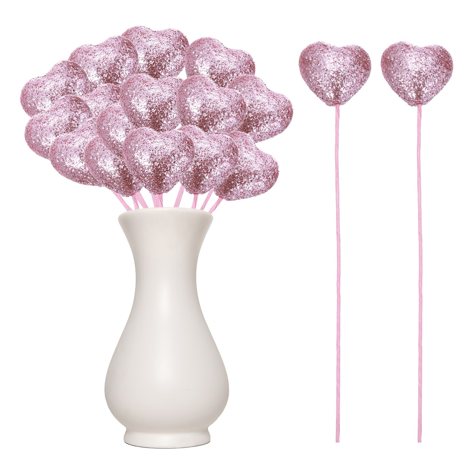 24 Pcs Glitter Heart Shaped Picks Puffy Foam Hearts Stick (Pink, 4cm x 22cm)