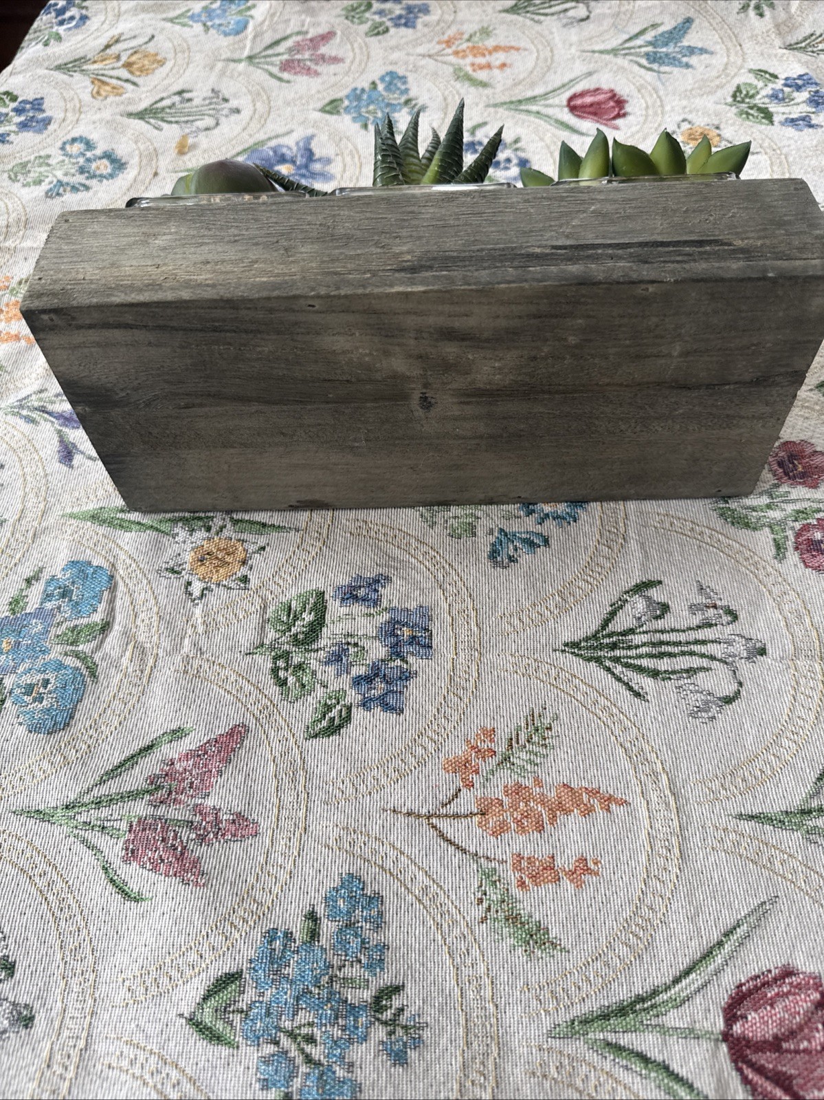 Artificial Succulents In Three Glass Containers Glued In Wooden Box