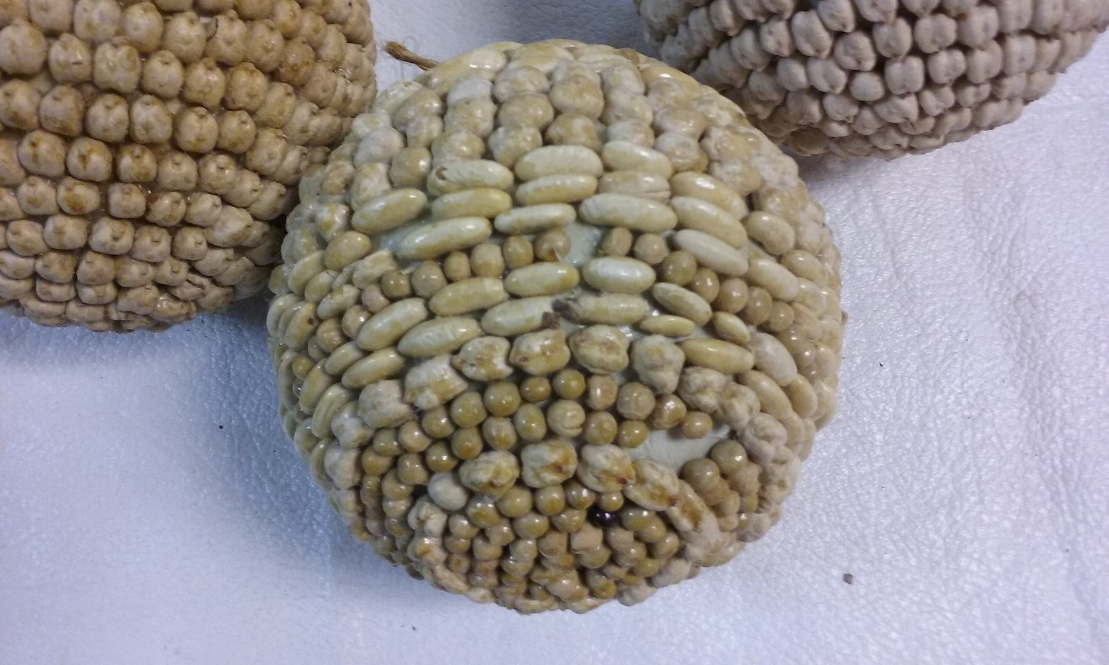 3 White Bean Seed Mosaic Decorative Ball Ornaments 5″ to 6″ wide