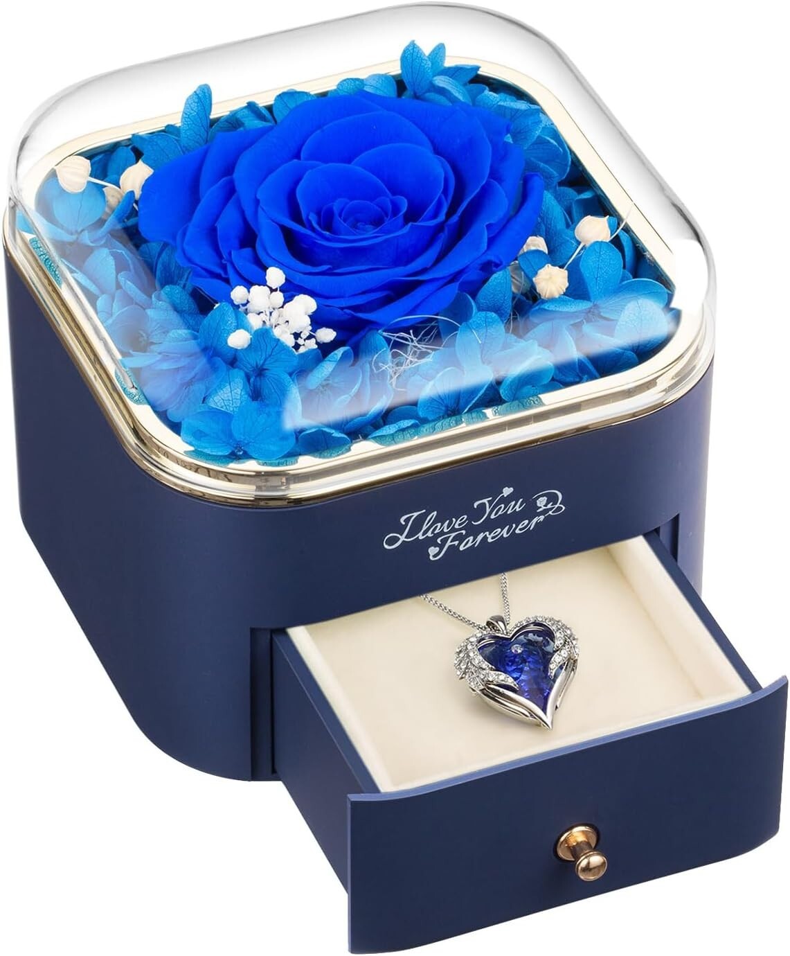 Stunning Blue Preserved Rose with Heart Necklace – Anniversary and Birthday Gift