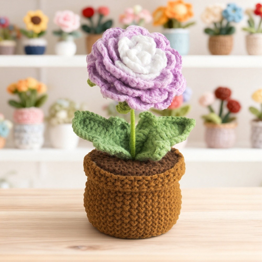 Crochet Peony Artificial Flower in Pot Handmade 17cm Milk Cotton Piece