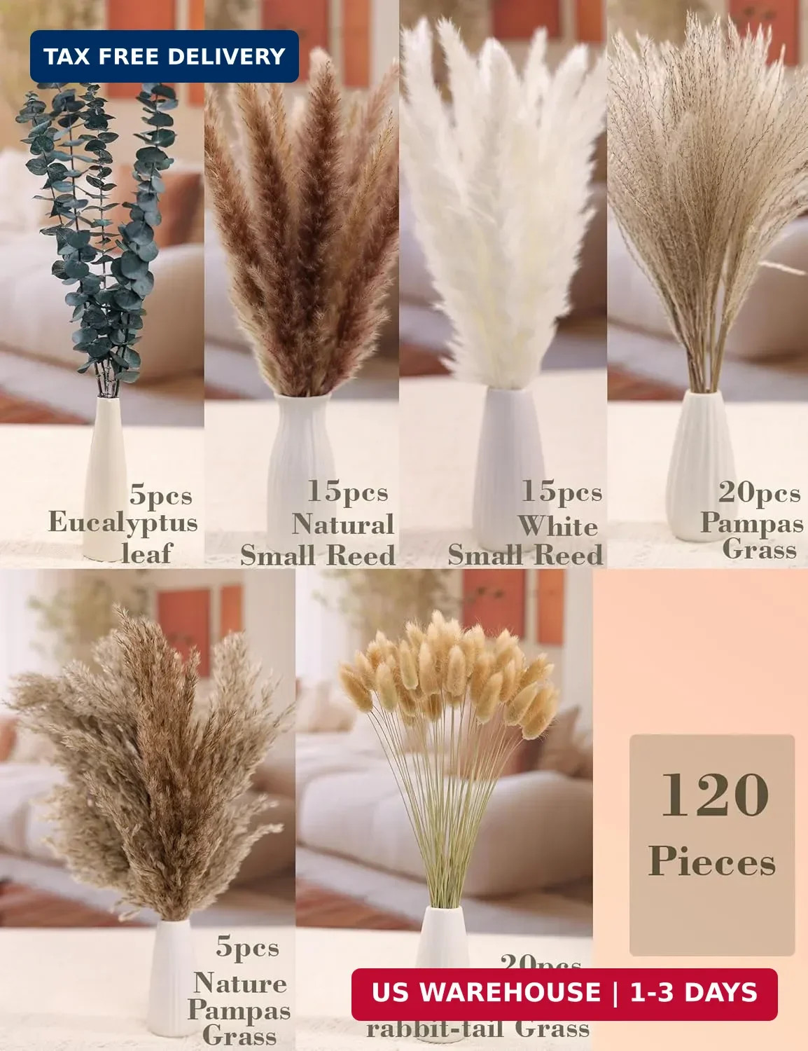 xin’s convey 120 PCS Dried Pampas Grass, Dried Flowers, Reed Grass Bouquet for B
