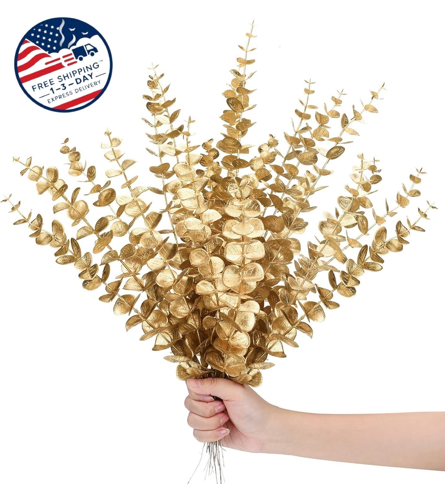 12 tallos de eucalipto dorado de 16 pulgadas, hojas falsas, decoración de otoño