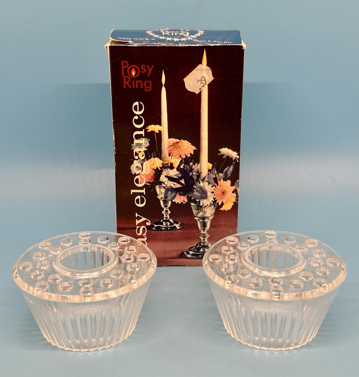 Vintage Posy Ring Pair w Box Flower Frog Floral Candle Holder Mid Century
