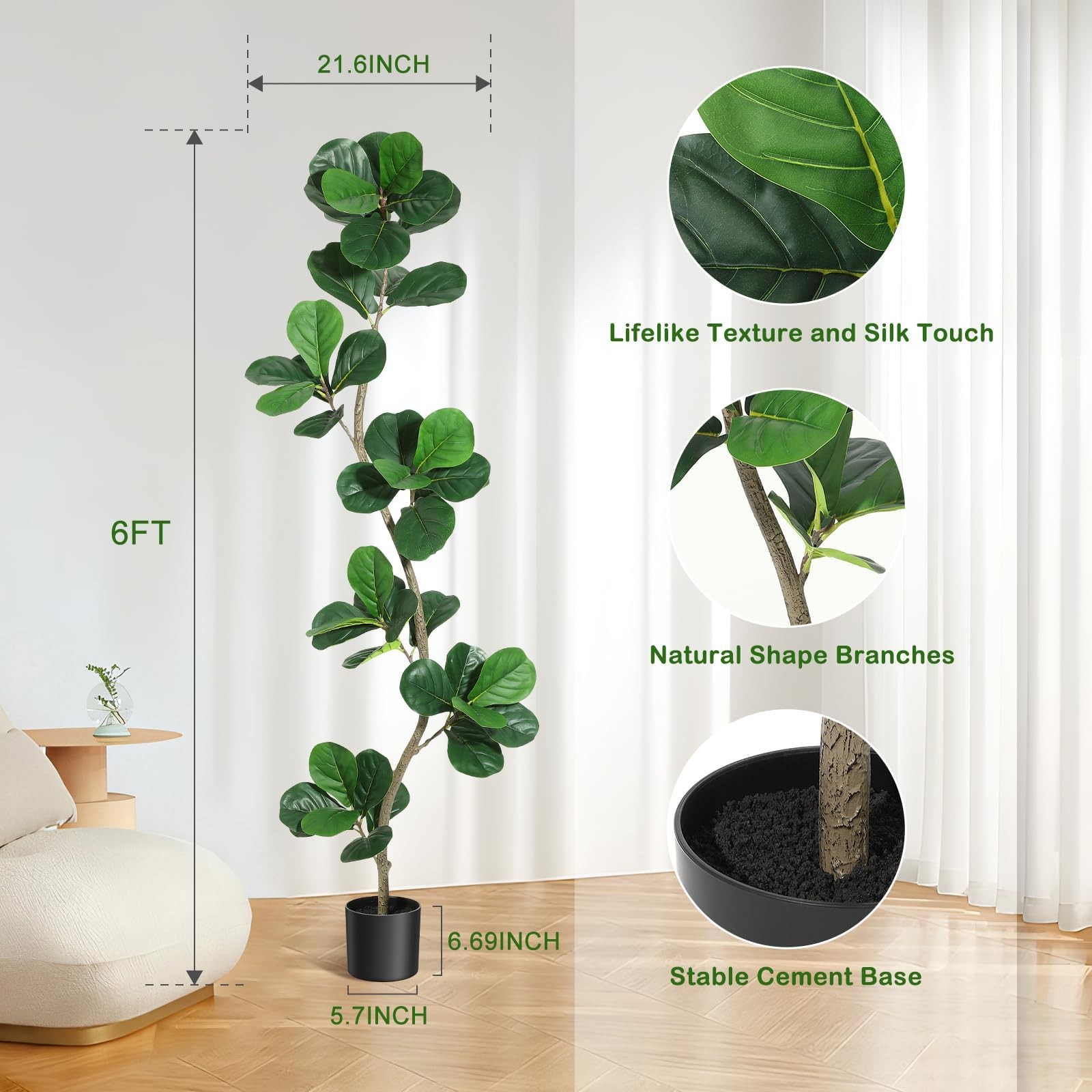 5/6/7FT Artificial Fiddle Leaf Fig Tree in Black Pot ,Tall Fake Plant Home Decor