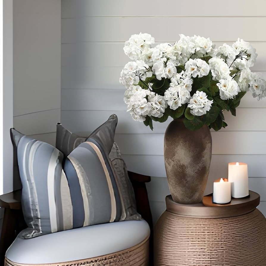 4 Pcs 18” Artificial Geraniums 36 Heads White Faux Fake Planters For Home Decor