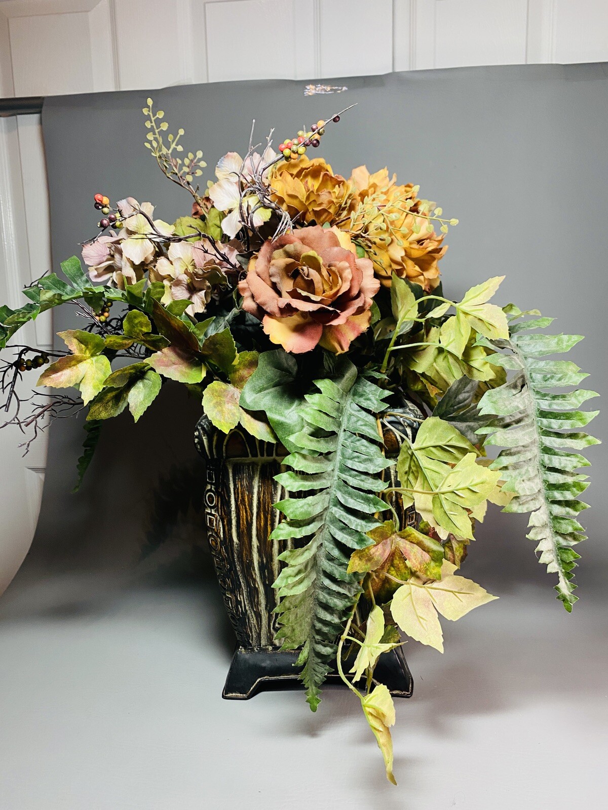 Autumn Silk Flower Foliage Arrangement Décor in Metal Planter 20″ Tall Fall Hues