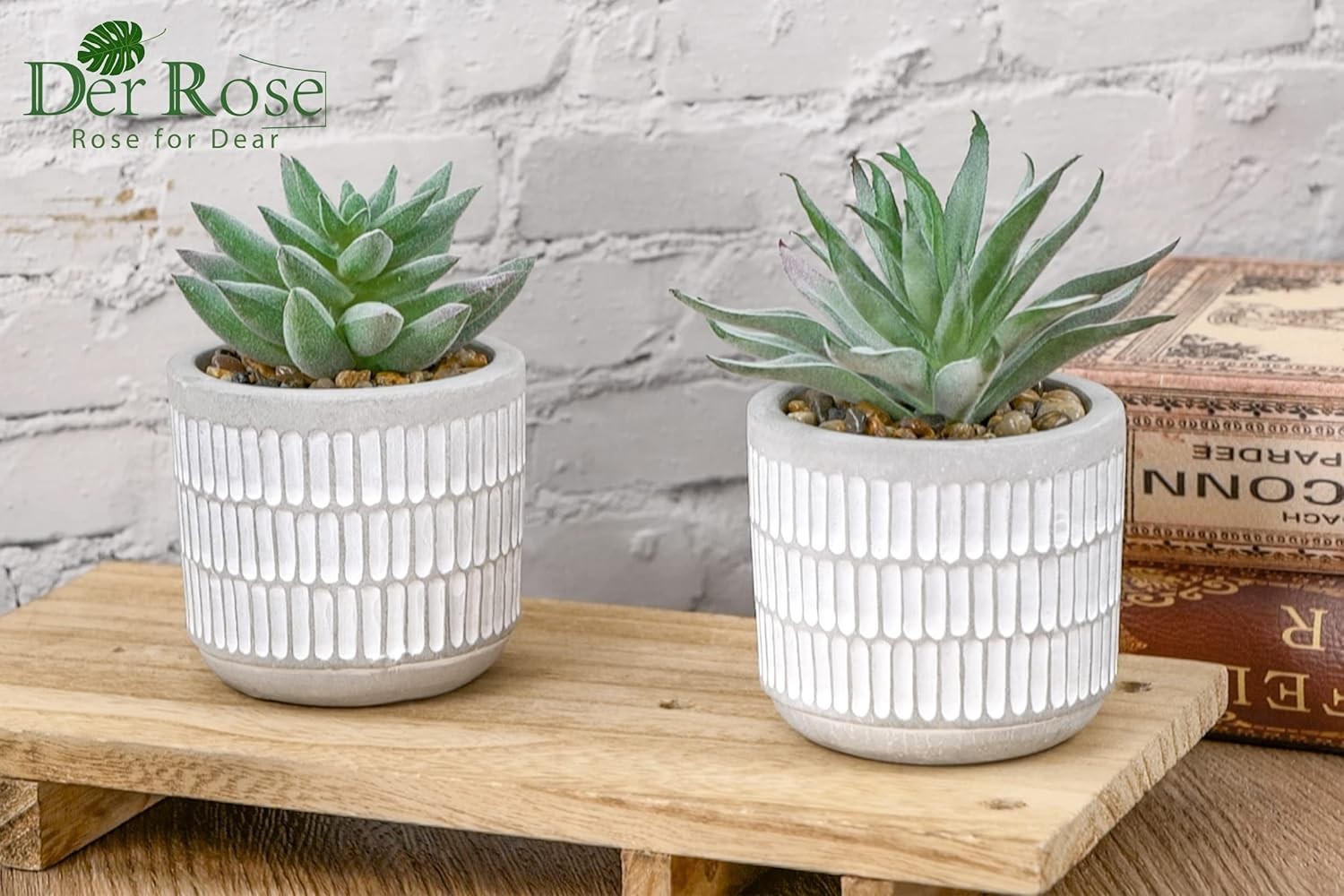 2 Pack of Stylish Striped Planters with Realistic Faux Succulents – Eco-Friendly