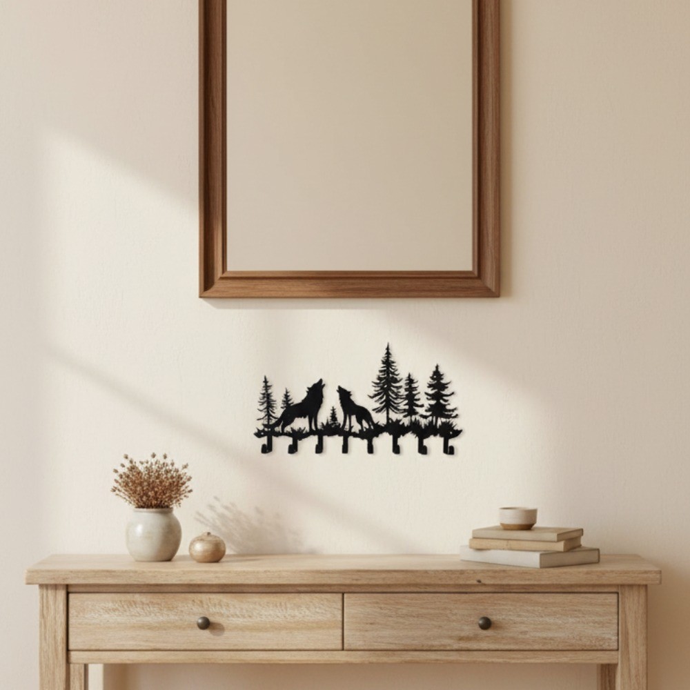 Wolf-Themed 8-Hook Wooden Key Holder – Wall Mounted Entryway Coat Rack Organizer