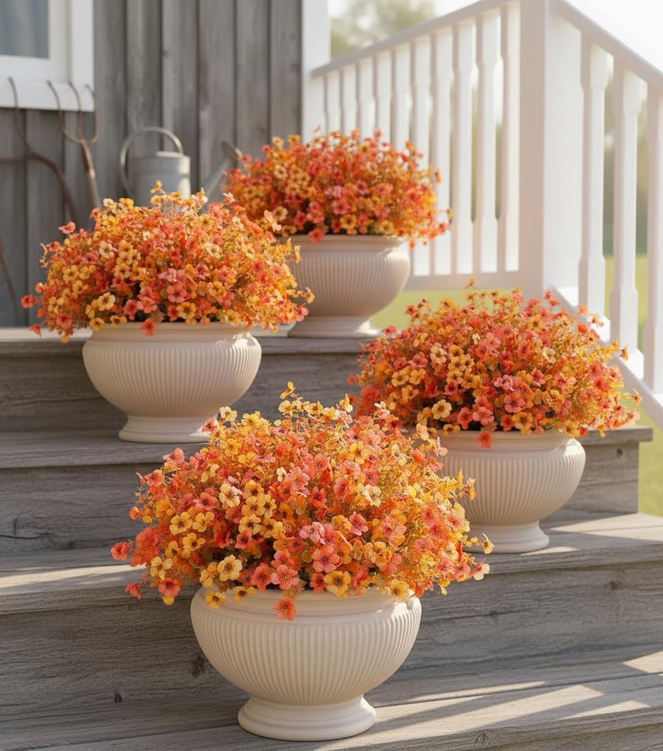 Fall Flowers Artificial Mums UV Resistant Silk Fake Daisy with Eucalyptus Leaves