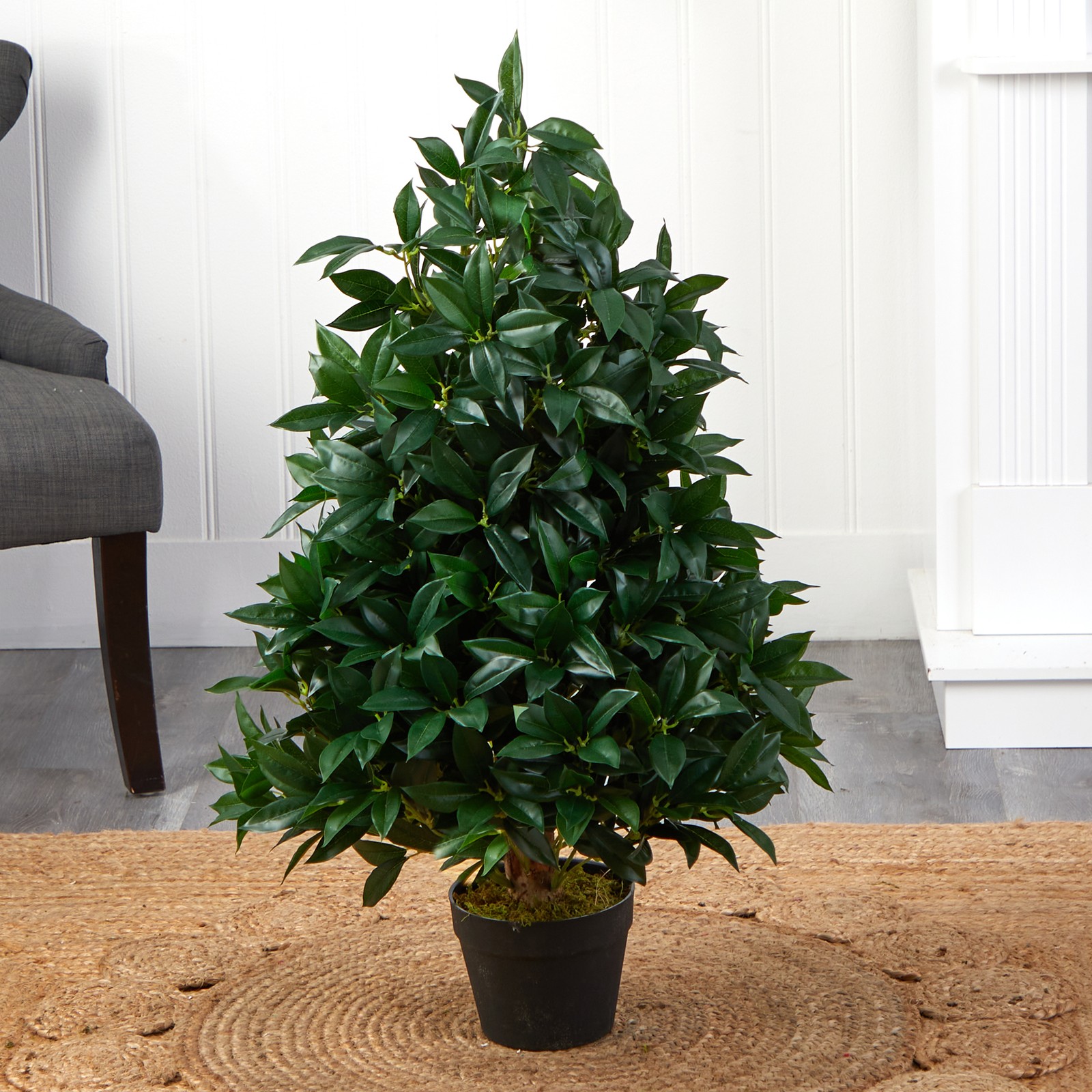 Indoor/Outdoor 36″ Bay Leaf Artificial Topiary Tree UV Resistant in Green/Black