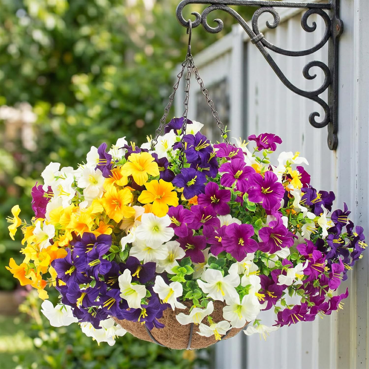 2 Set Artificial Outdoor Flowers with Hanging Baskets,24 Pcs UV Resistant Faux P