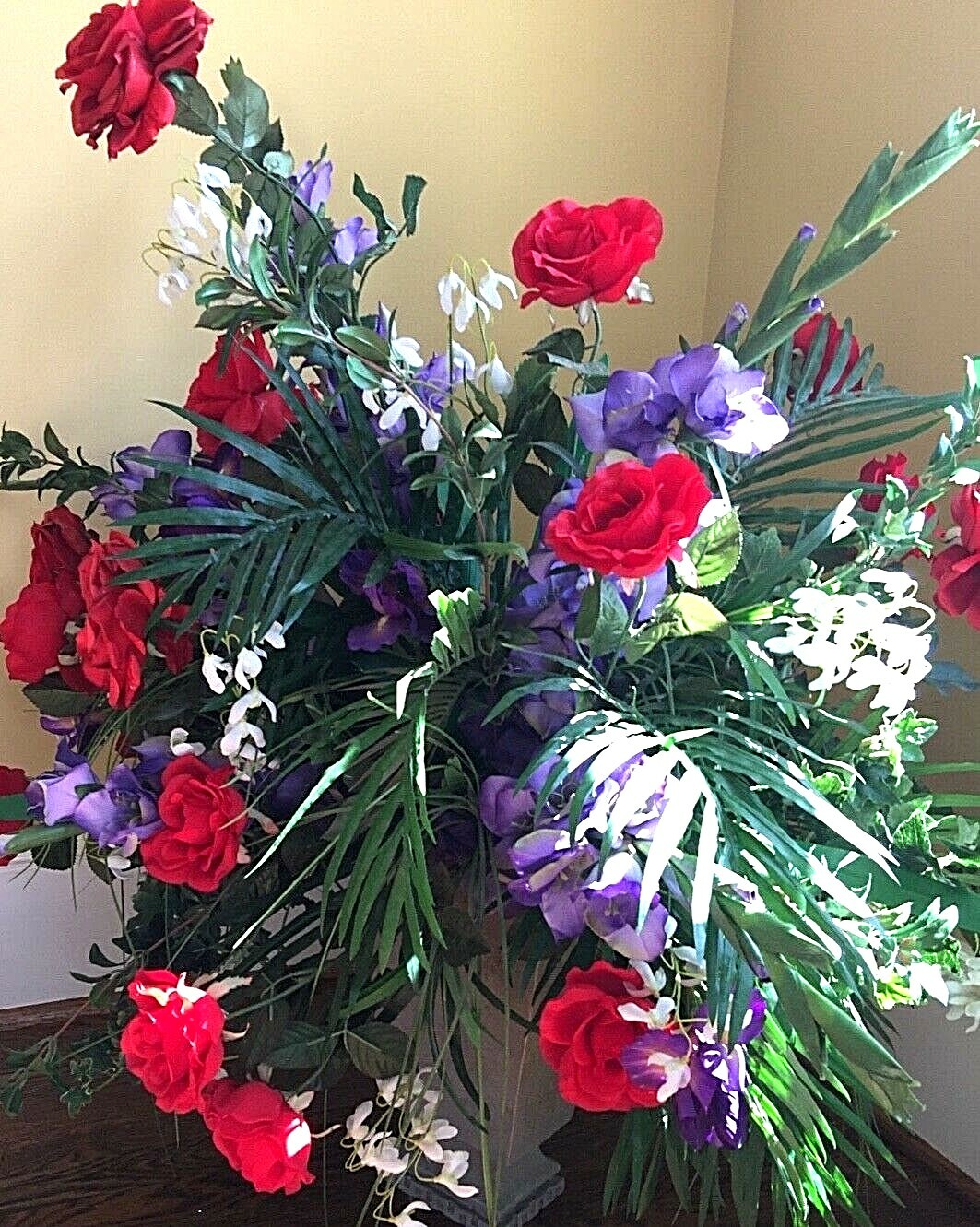 Large Silk Flower Centerpiece – Red Roses, Iris, Green Leaves – 37″x 33″