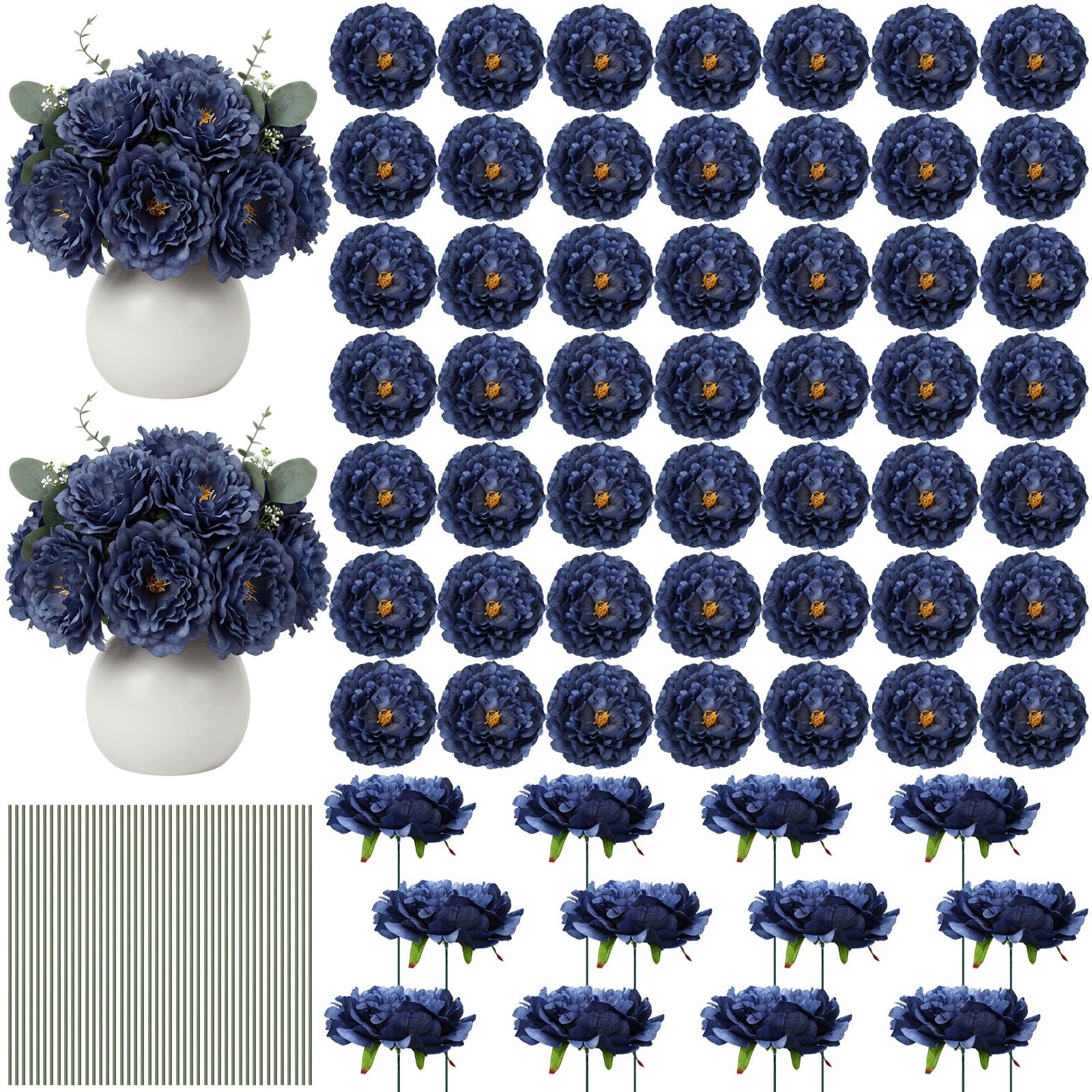 Artificial Peonies Flowers 5.5 Inch 50 PCS Ink Blue Silk Wire Branch Bouquets