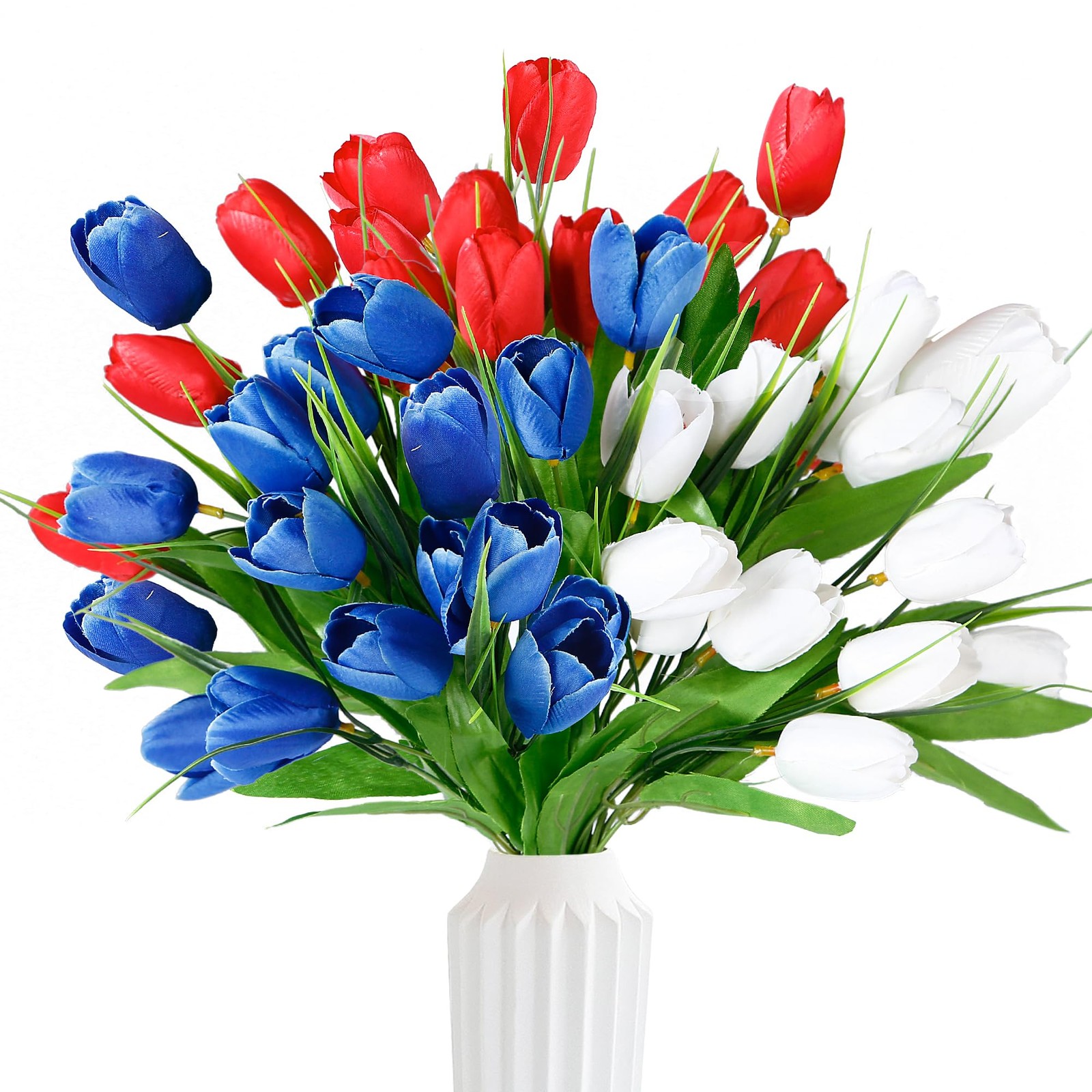 36 Pcs Patriotic Artificial Flowers Memorial Tulips Bouquet Fake Red White an…