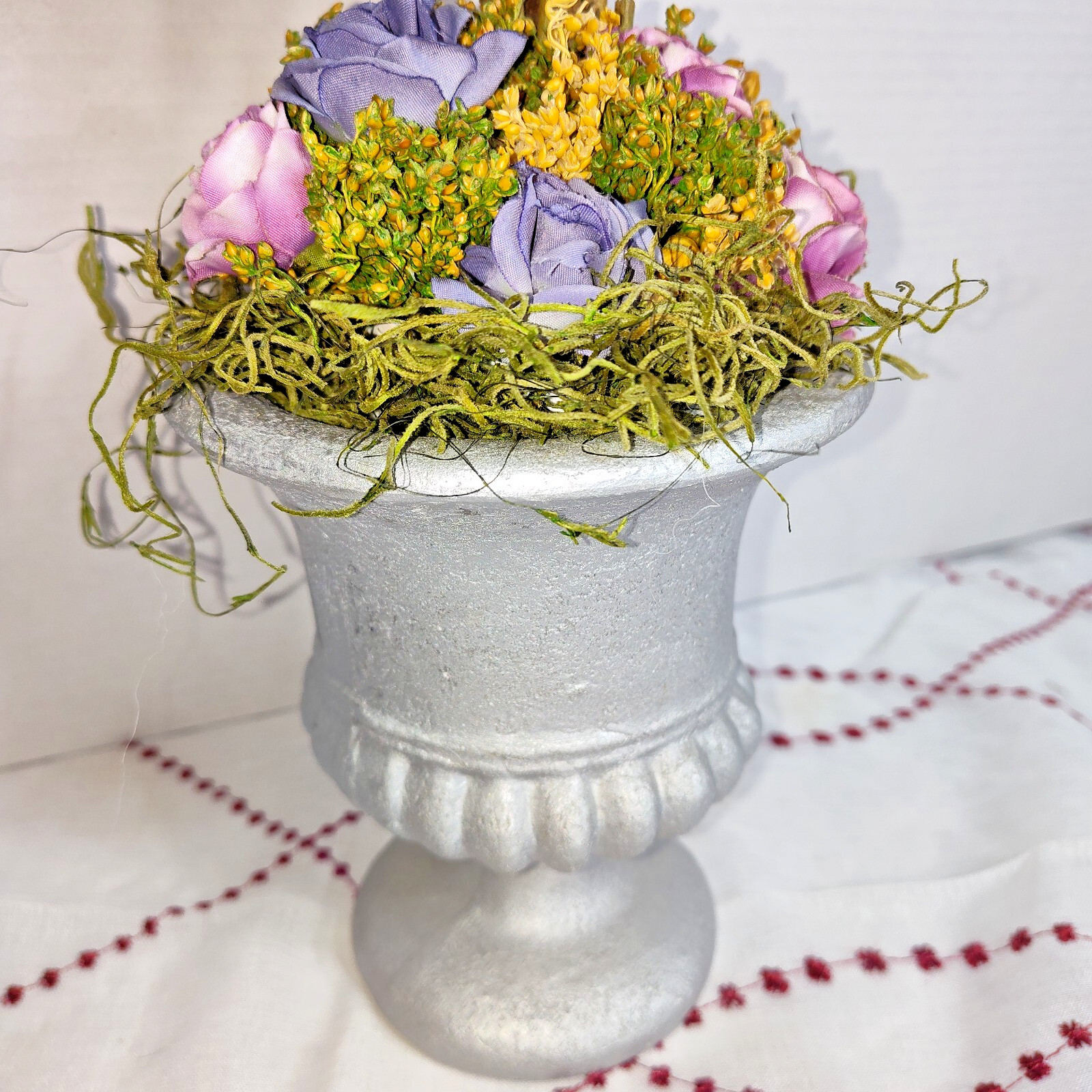 Decorative Floral Topiary in Silver Urn Pot – Purple, Yellow & Green, 18″ Tall