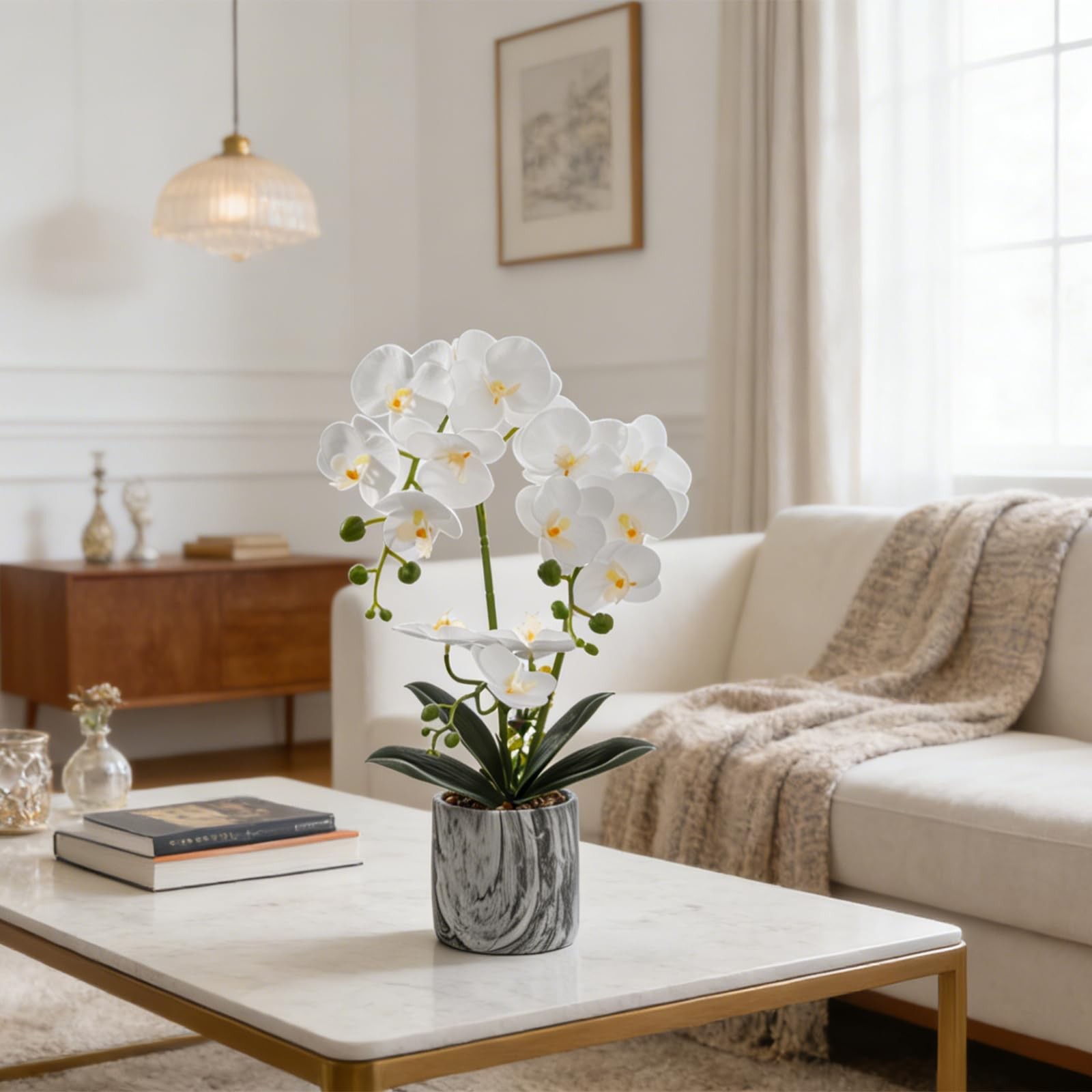 White 16.5 Inch Faux Silk Artificial Orchids Flowers Phalaenopsis Pot Decor