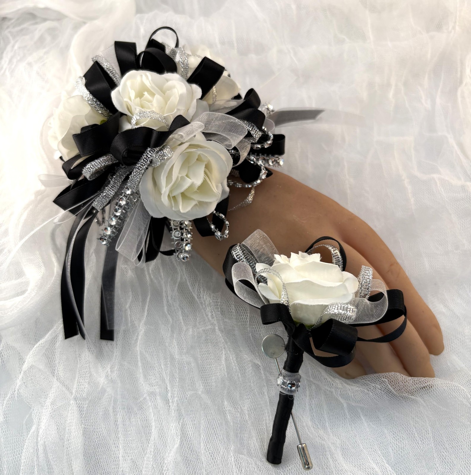 Rose Wedding Corsage Boutonniere Set Floral Suit Accessories Black & White