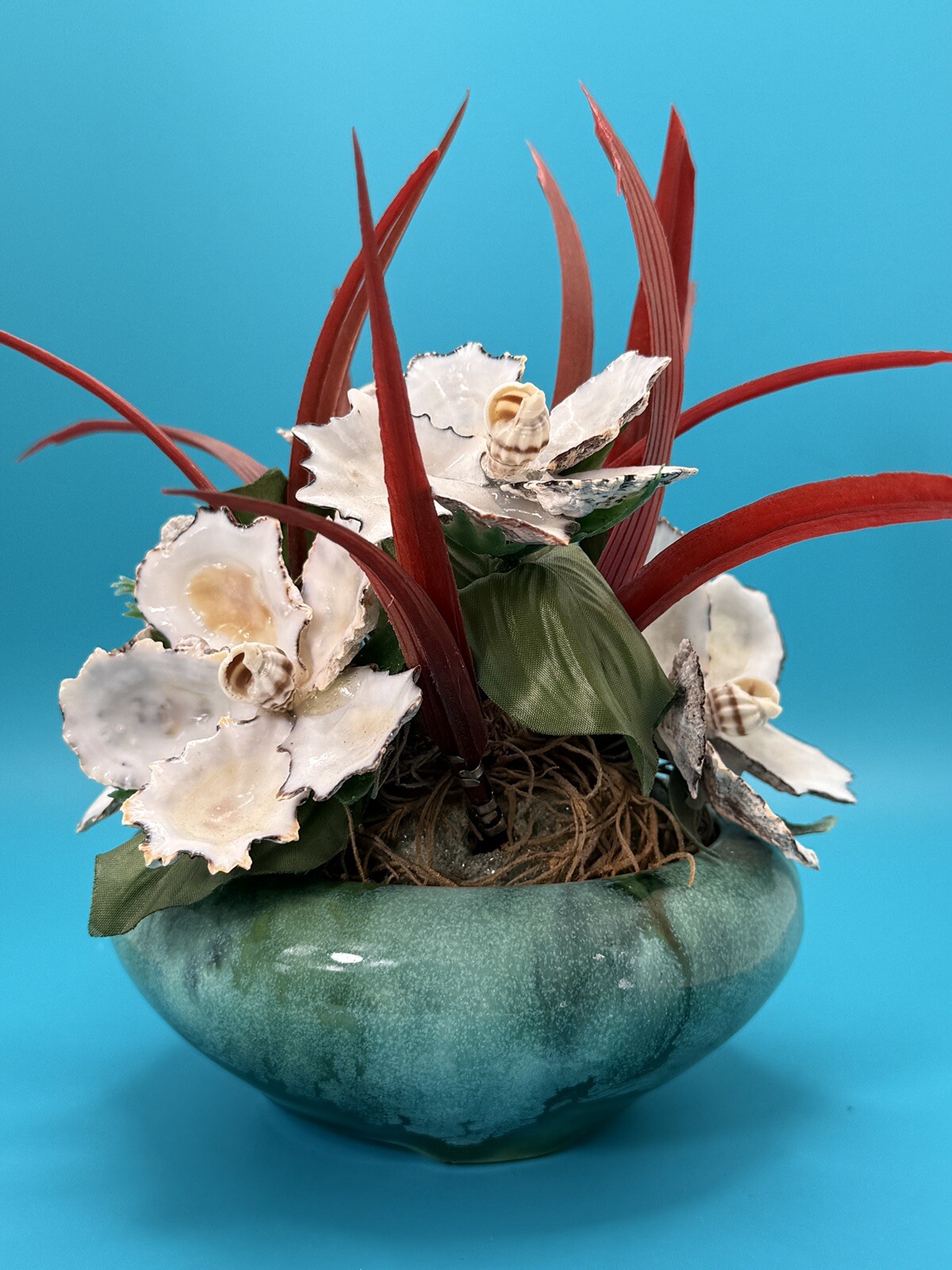 Handmade Seashell Flower Arrangement with Realistic Detailing in Ceramic Base