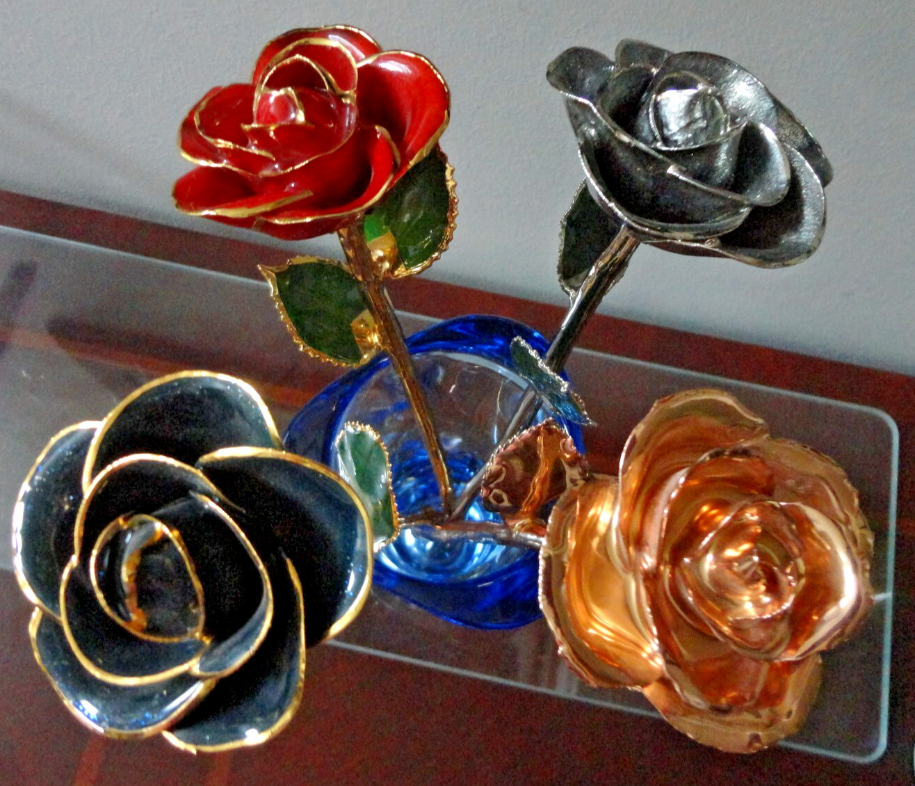 4 GLIDDED REAL ROSE GENUINE HAND DIPPED 24K GOLD LACQUER RED GOLDEN BLUE SILVER