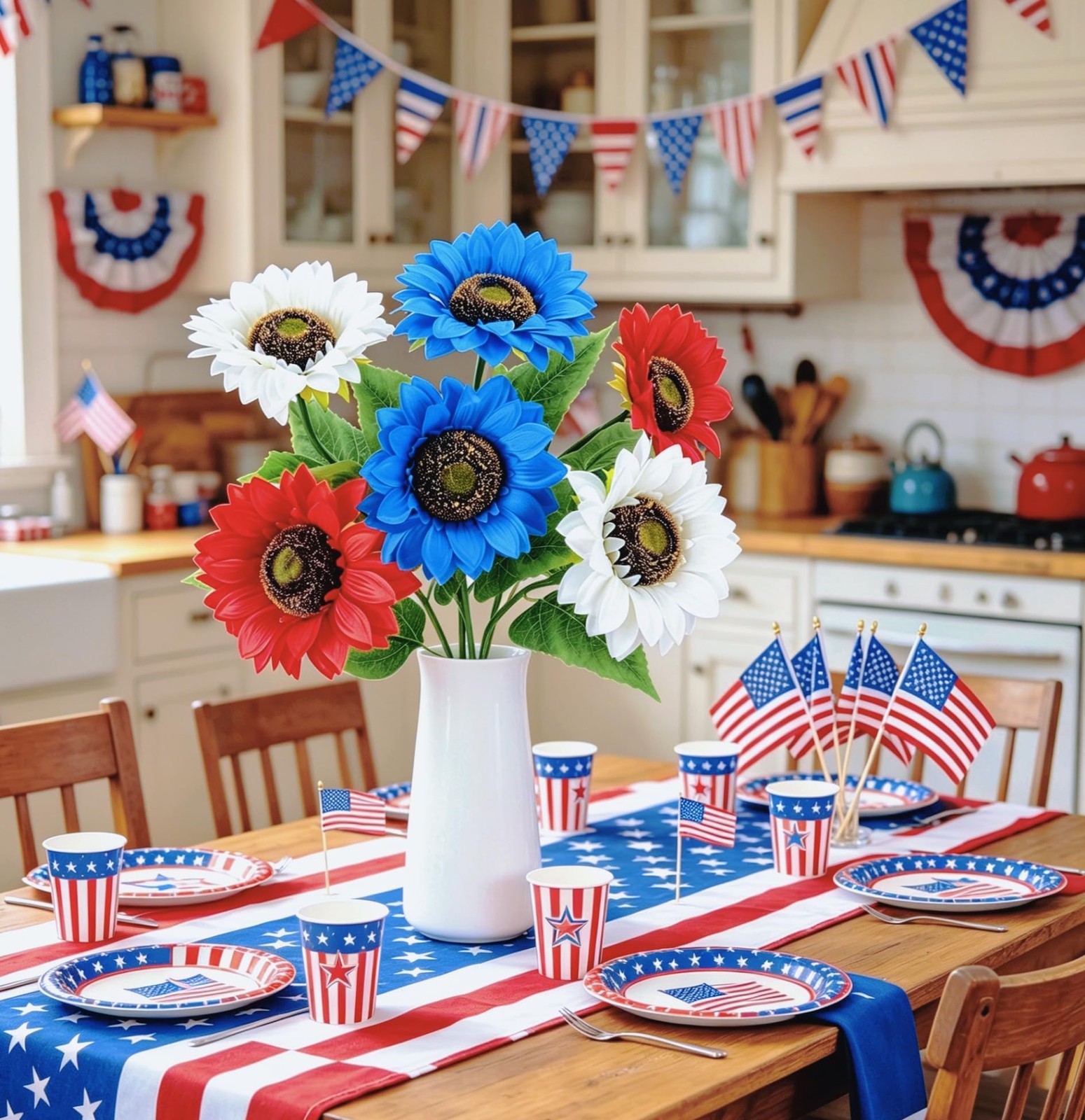 6PCS Patriotic Sunflower Bouquet – Red White and Blue Flowers with 3 American…