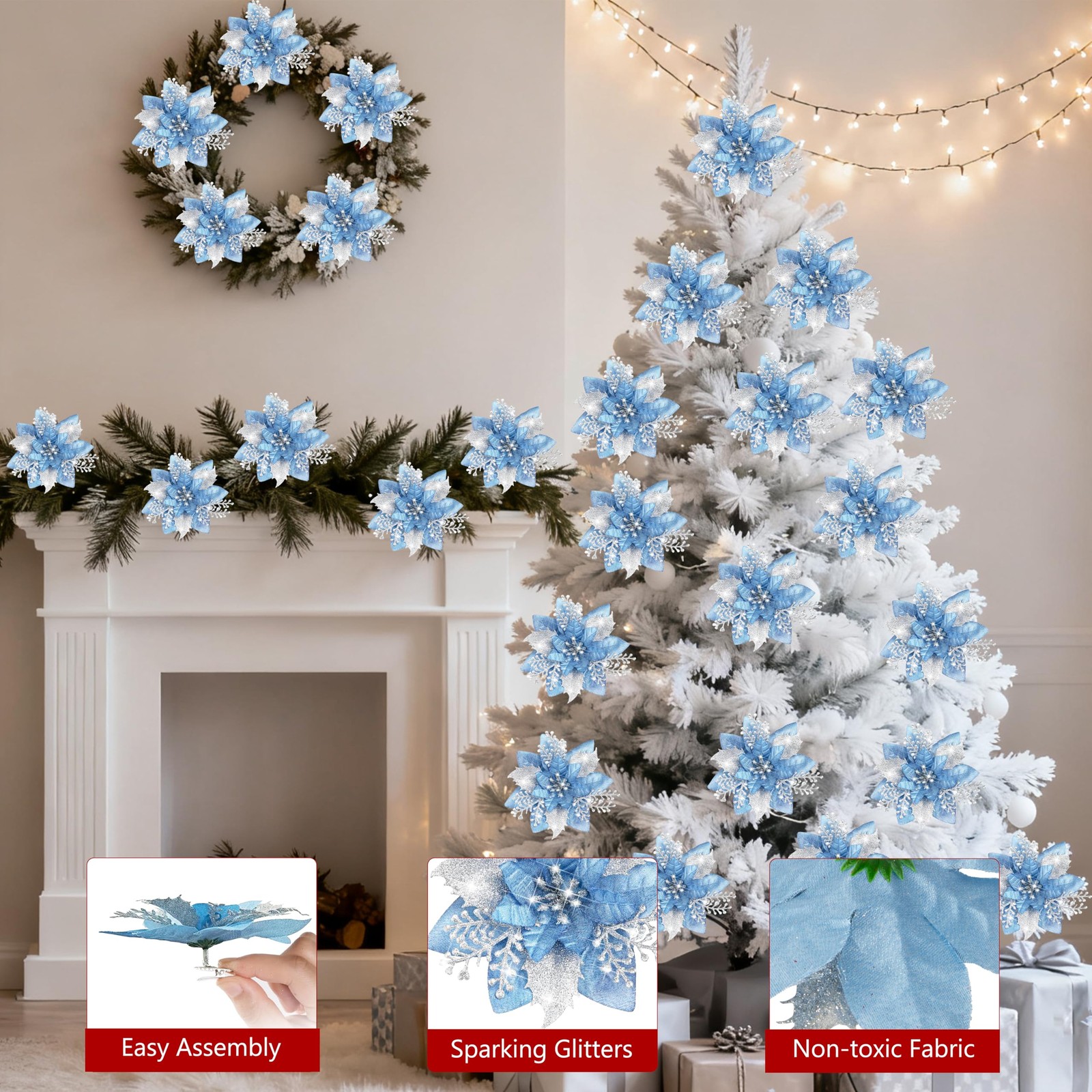 24 PCS 5.9 Inch Blue Glitter Poinsettia Flowers With Clips Xmas Wreath