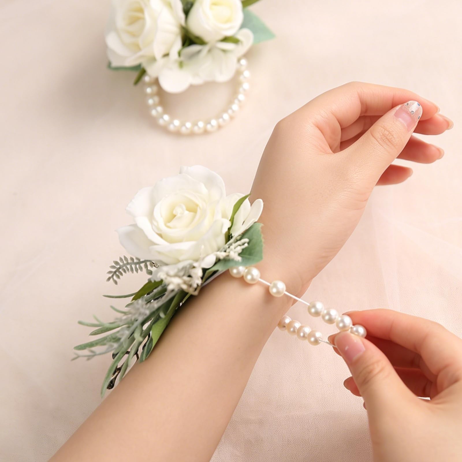 White Faux Silk Rose Corsage and Boutonniere Set for Wedding Prom