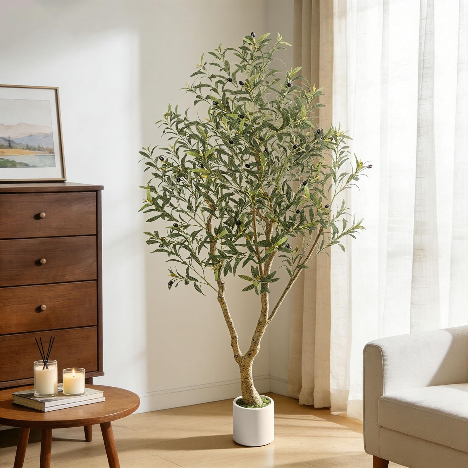 6FT Artificial Olive Tree with Elegant Planter & Moss, Faux Olive Tree Indoor…