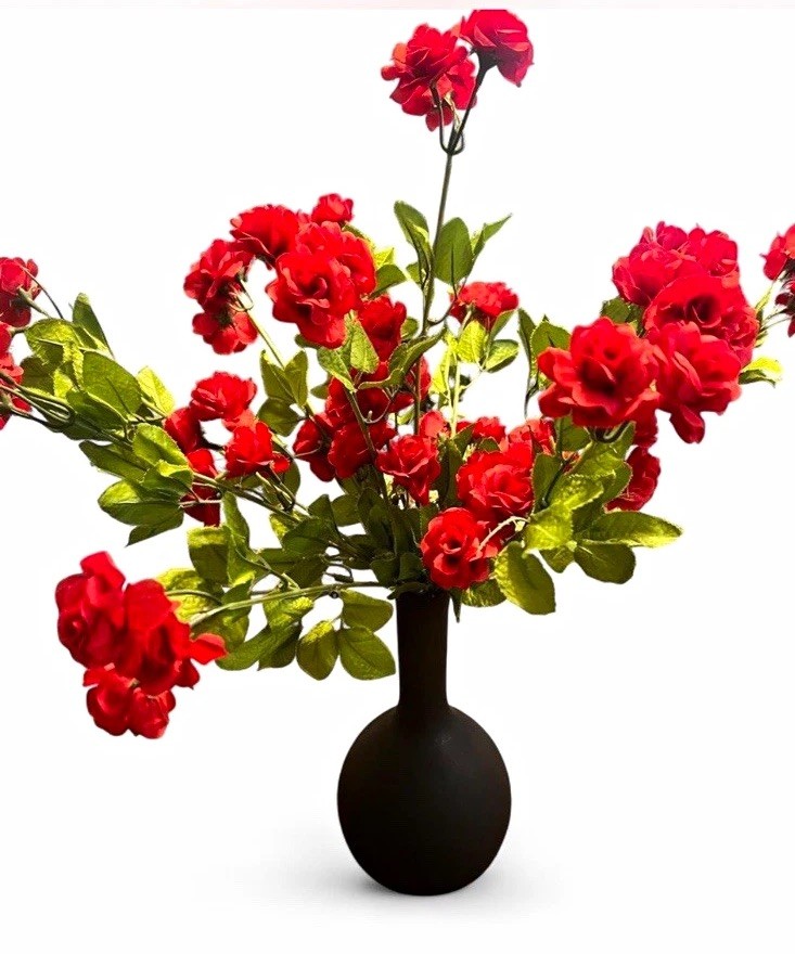 Artificial Red Rose Flower Arrangement & Centerpiece in Black Vase Greenery
