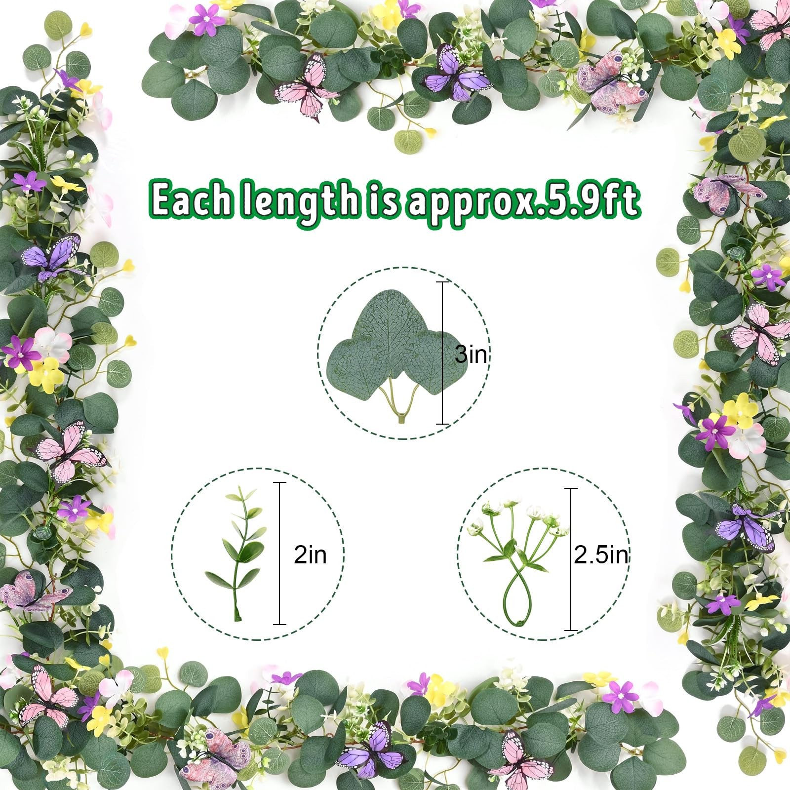 2Pcs Eucalyptus Garland with Daisy 3D Butterfly, Green Garland with Flowers, …