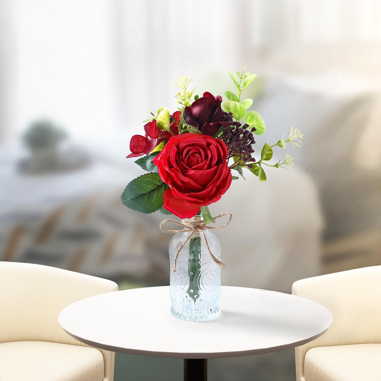Artificial Flowers with Vase – Small Red Fake Plants Faux Silk Flower Arrange…
