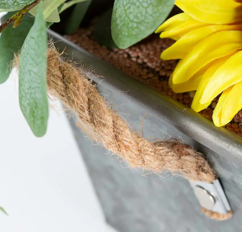 NIB Faux Sunflower, Lemon and Eucalyptus Floral Arrangement in Planter
