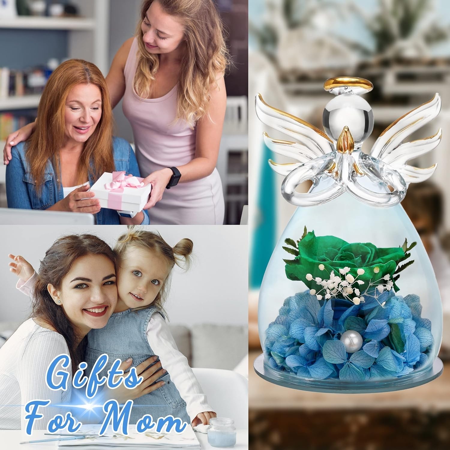Borosilicate Glass Angel Figurine with Lasting Green Rose – Ideal Home Decor