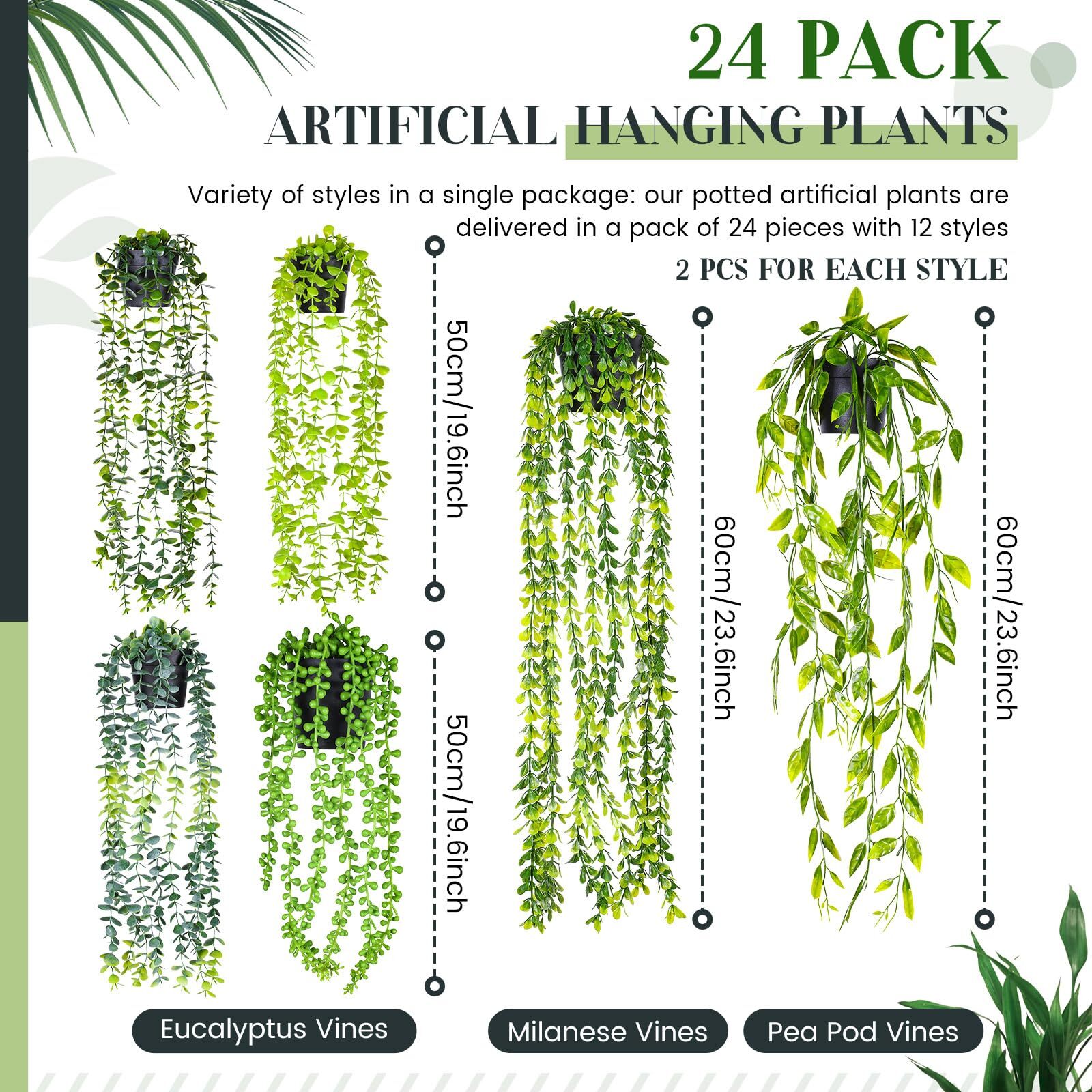 FineCheer 24pcs Artificial Hanging Plants 7.5×28.3×9.8in, Wall Shelf Decor