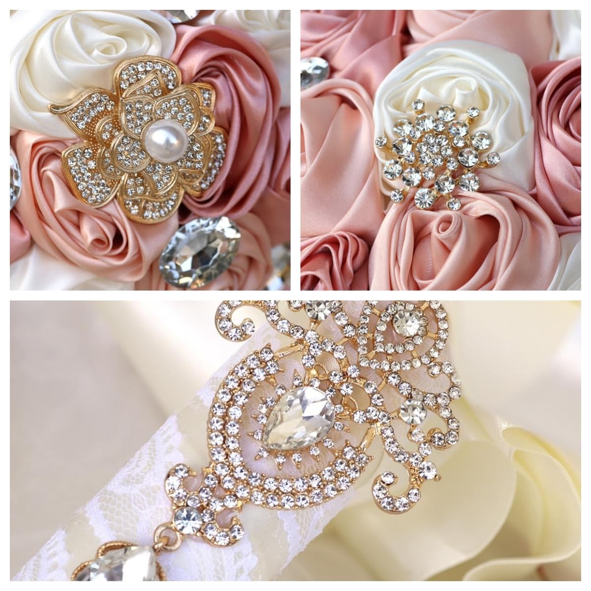 Blush Pink and Ivory Bridal Wedding Bouquet with Gold Brooch Bling Rhinestone…