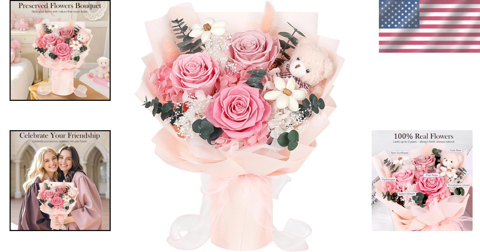 Preserved Flowers Bouquet with Bear Long Lasting Pink Roses Gift for Women