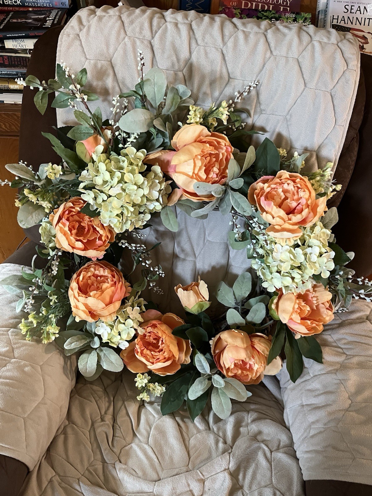 Artificial Floral Door Wreath – Orange Peony, Hydrangea Eucalyptus