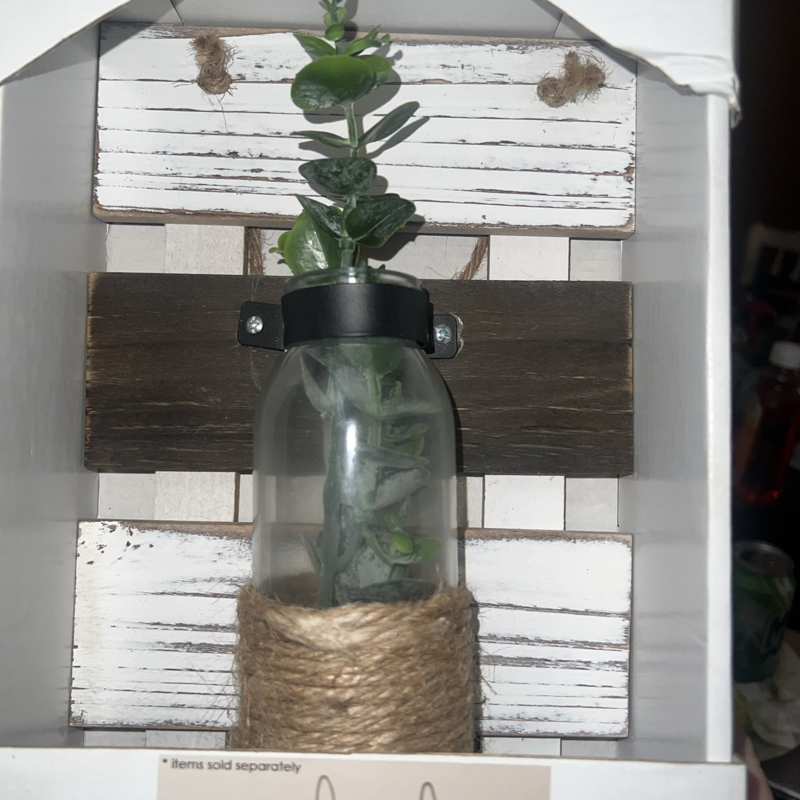 Farmhouse Rustic Wooden Artificial Plant In Bottle, Hanging Plaque, New In Box