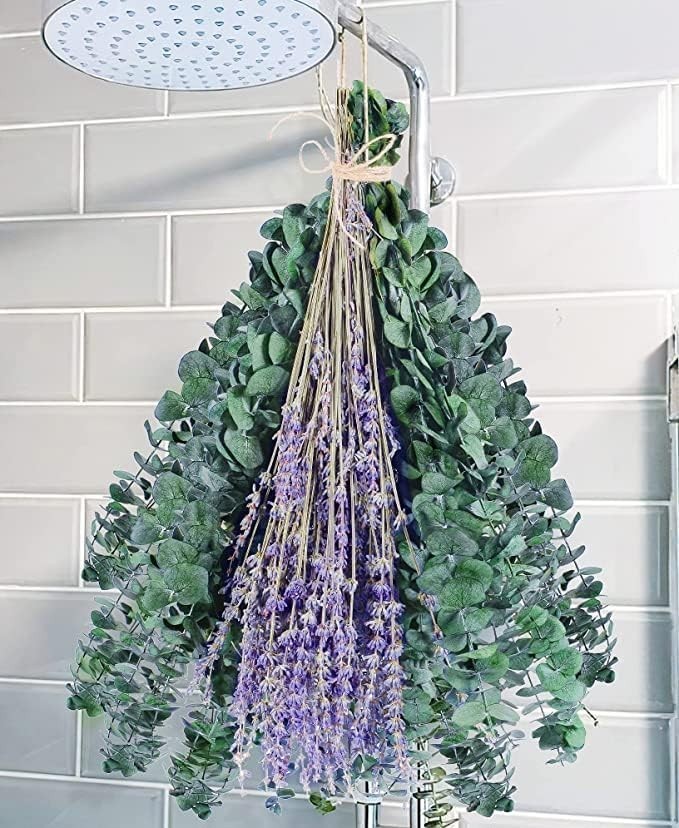 115Pcs 17″ Natural Dried Eucalyptus Stems & Lavenders Flowers Bundles for Shower