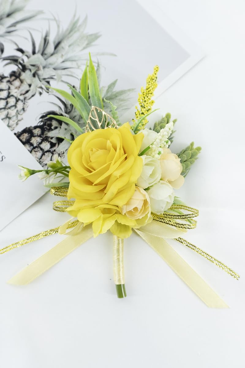 2 Pcs Wrist Corsage and Boutonniere Set, Yellow Corsage for Wedding, Boutonni