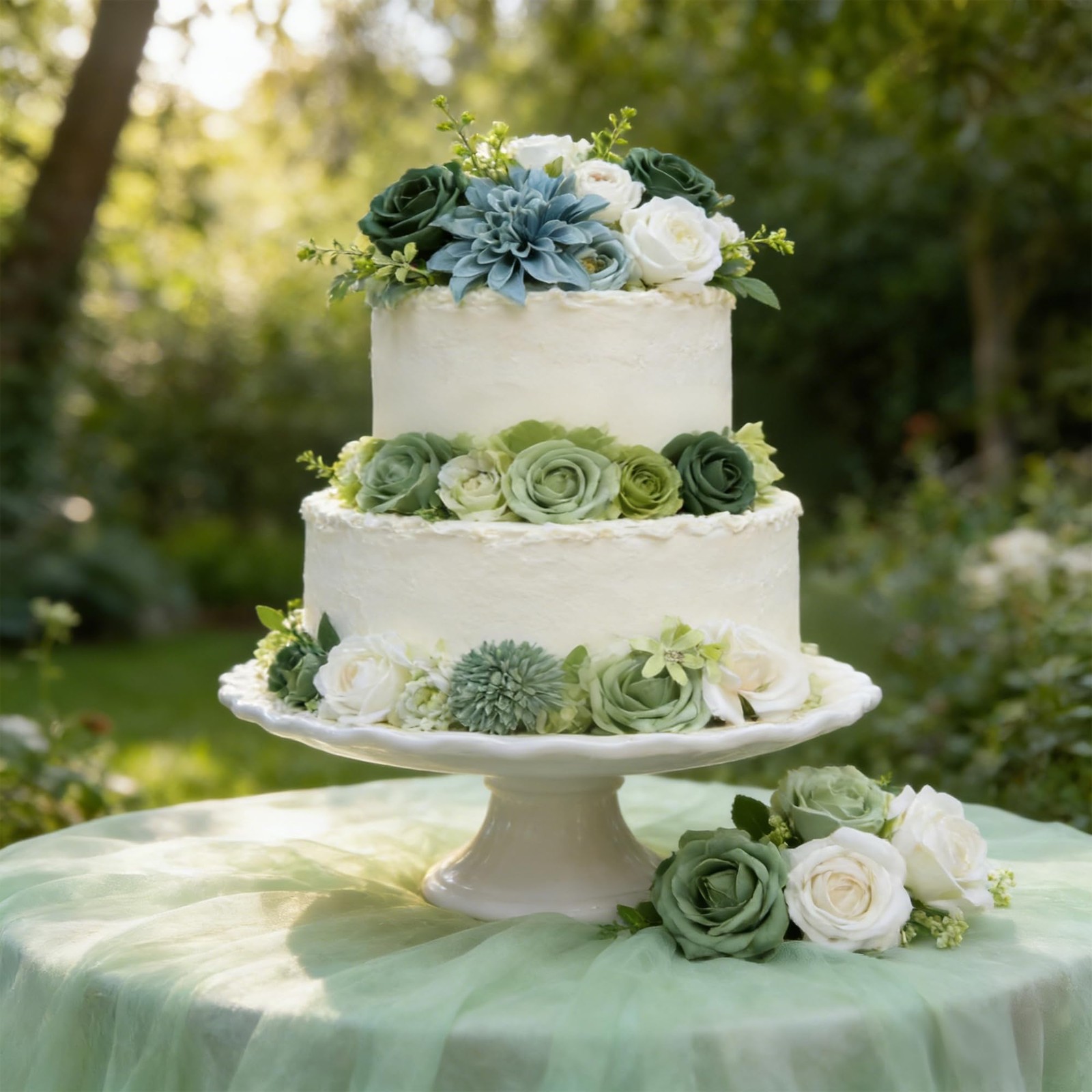Green Artificial Silk Flowers Combo with Dahlias, Roses & Green Stems for DIY…