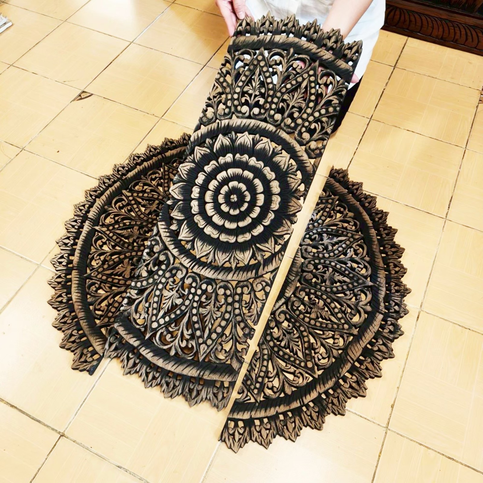 36″ Large Round Black Mandala Wood Carving Wall Art 3-Piece Set Office Decor