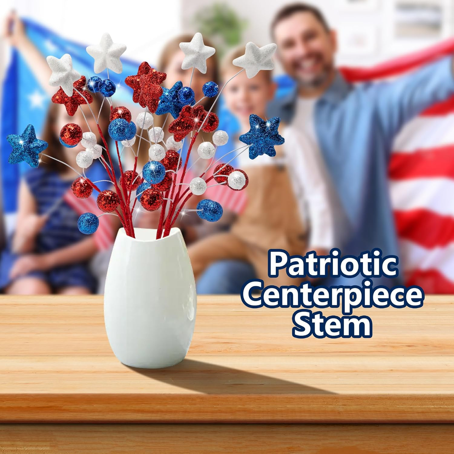 8 Pack 15″ Large Patriotic Glitter Ball Centerpiece Stems, Independence Day Arti
