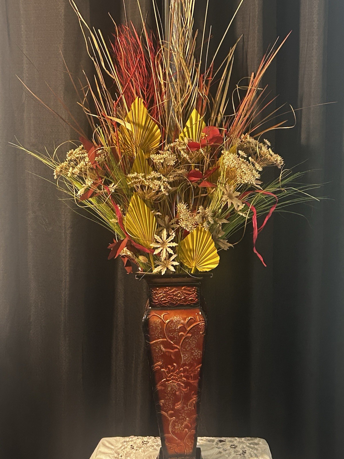 Artificial And Dried Flower Arrangement In Colorful Metal Base