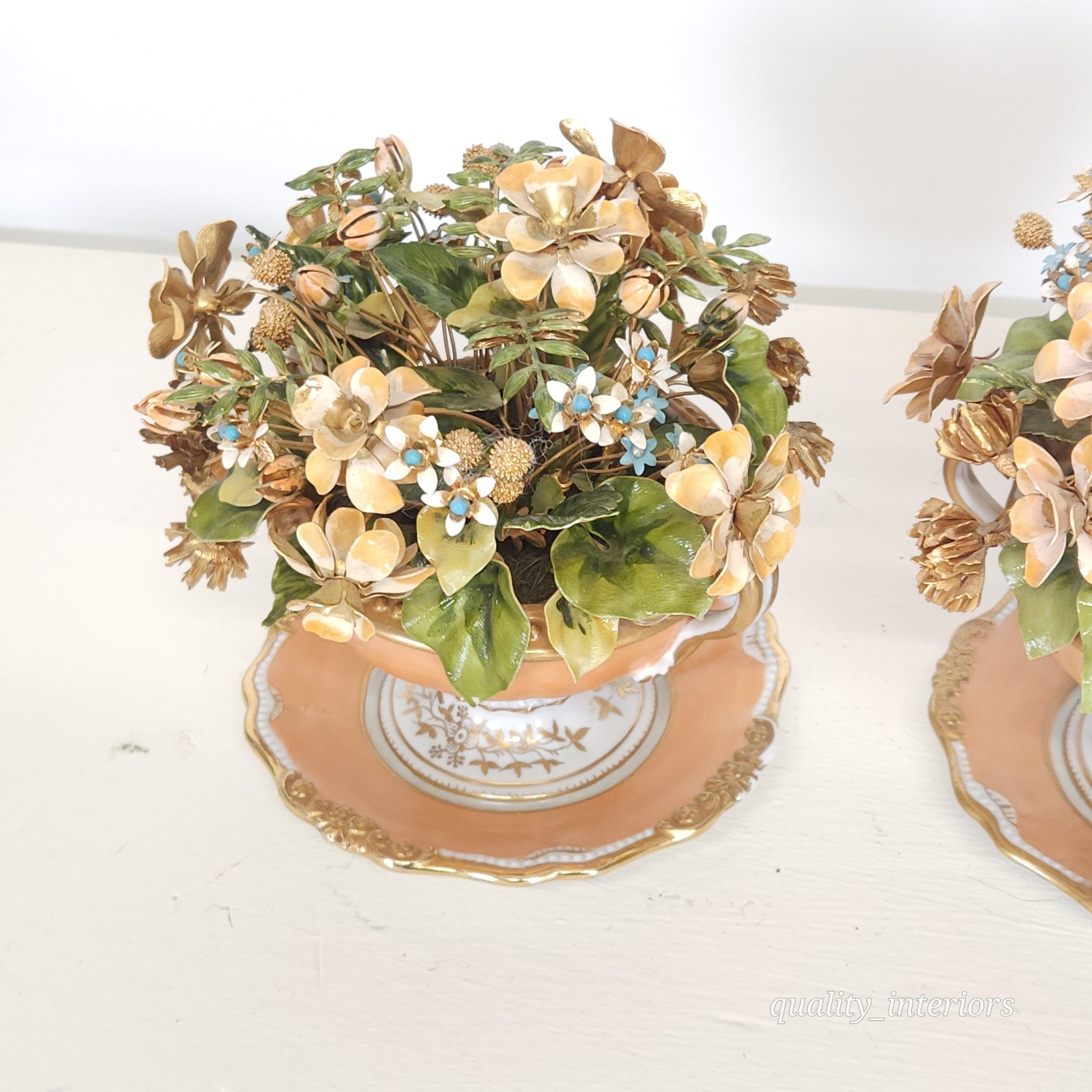 Pair Jane Hutcheson for Gorham Apricot Teacup & Saucer Floral Arrangement